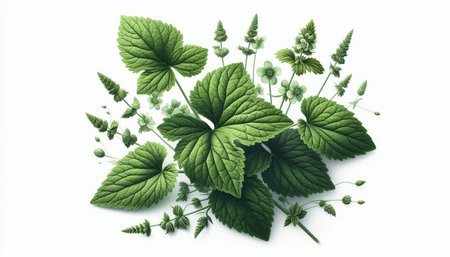 Herbal tea leaves on white background. Flat lay, top view.の写真素材