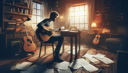 Young man playing acoustic guitar at home in the evening. Music concept.