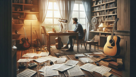 Man sitting at desk in music studio and working on instruments. Musician, composer, musician, artist...