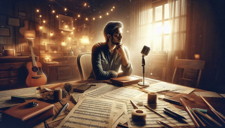 Pensive young singer sitting at the table and writing notes with microphoneの写真素材