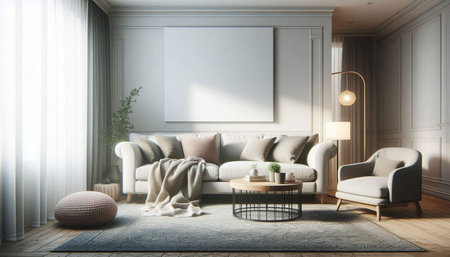 Living room with sofa and coffee table. Mock up, 3D Rendering