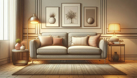 Comfortable sofa in the interior. 3D illustration. Vintage style.