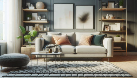 Modern living room interior design with sofa, coffee table, bookshelf and plants. 3D Rendering