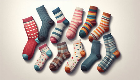 Colorful socks collection isolated on white background. 3D illustration.