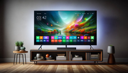 TV on the wall in modern living room interior. 3D rendering