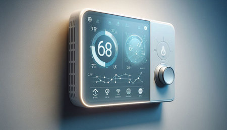 Highly rendering of futuristic thermostat on wall 3D rendering