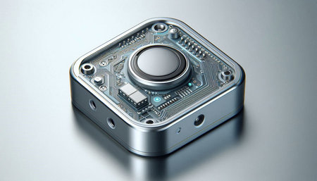 3d rendering of a metal camera on a gray background with reflection