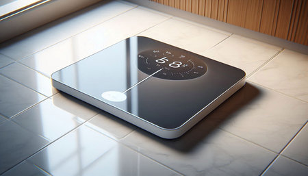 Digital composite of Composite image of scales in kitchen. 3D rendering