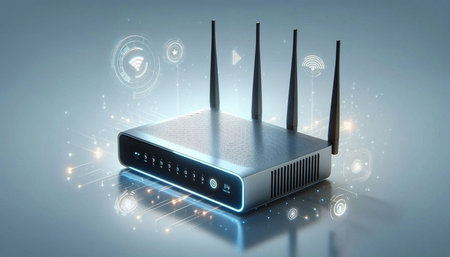 Digital illustration of router in digital background with wifi icons. 3D rendering