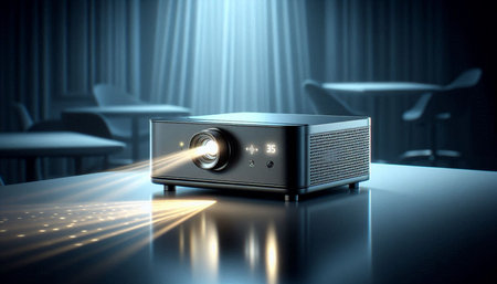 Digital composite of Digital composite image of projector with light flare in room
