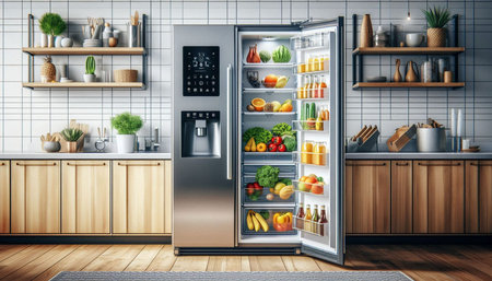 Refrigerator full of food in modern kitchen interior. 3D Rendering