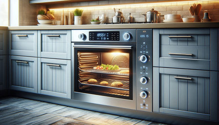 3d rendering of an electric oven in a modern kitchen at night