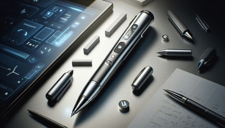Pencil and tablet computer on black background. 3d rendering.