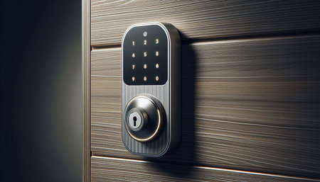 Digital composite of Digital door lock with keyhole against dark wooden background