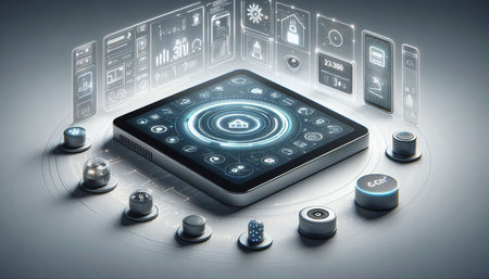 Futuristic user interface with various icons and symbols 3D rendering