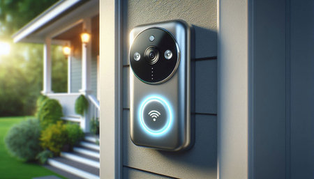 Digital composite of Close up of home security doorbell with wifi icon