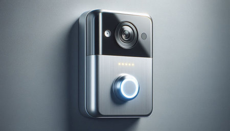 Digital composite of Digital door lock with light blue light against grey background