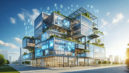Modern office building with digital interface on the facade. 3d rendering