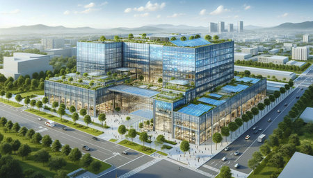 Aerial view of a modern office building. 3D rendering.