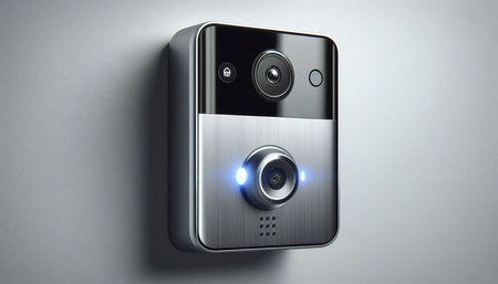 Digital composite of Digital composite image of doorbell against grey background.