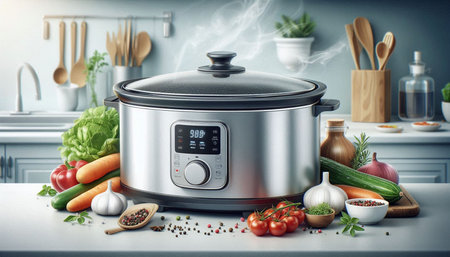 Modern electric cooking pot with vegetables and spices on kitchen table. Cooking concept