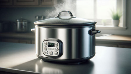 Modern electric multicooker on kitchen countertop. Concept of cooking.