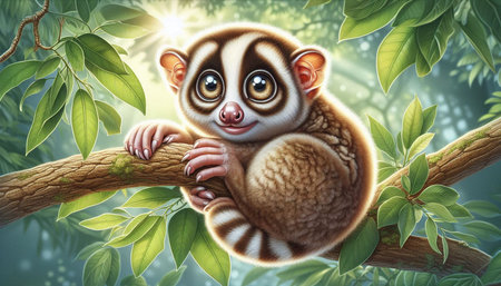 3D rendering of a cute baby lemur sitting on a tree branch