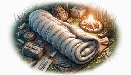 Rolled up carpet and camping equipment on a plaid. 3d illustration