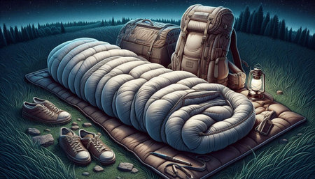 Sleeping bag and camping equipment on the meadow at night