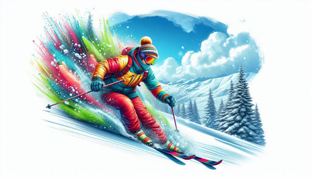Skier skiing downhill in high mountains. Colorful winter sport illustrationの写真素材