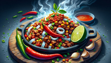 Hot chili con carne in pan on black background. 3d renderingの写真素材