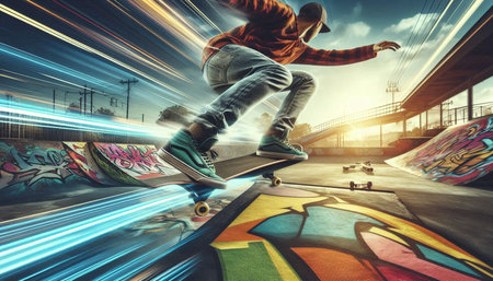 Skateboarder skateboarding on a bridge at night with motion blur