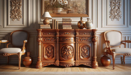 Classic interior with fireplace, armchair and bookshelf. 3d renderの写真素材