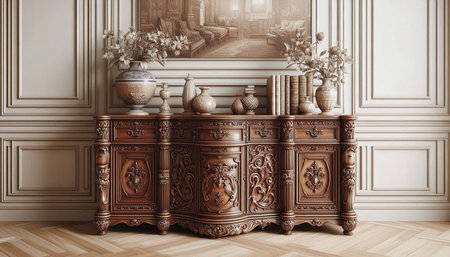 Classic interior with wooden chest of drawers in classic style. 3d render