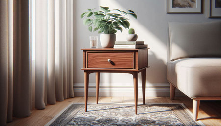 Interior of living room with wooden commode, chair and plants