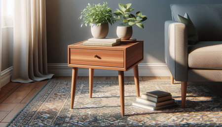 Wooden chest of drawers with books and plants in living room