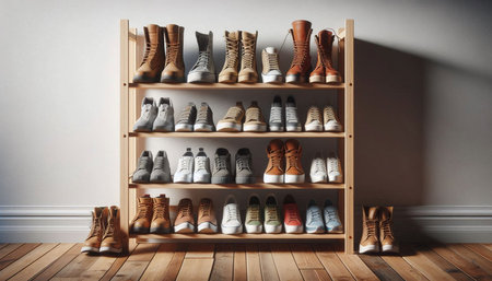 Shelves with different shoes in room. Interior designの写真素材