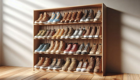 Wooden shelf with shoes in the store. 3d rendering.の写真素材
