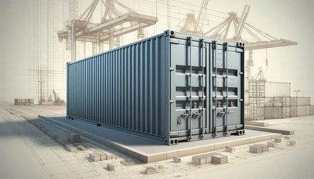Containers in warehouse with crane bridge in background. 3D renderingの写真素材