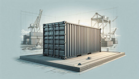 3D rendering of a cargo container with cranes in the background