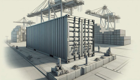Container terminal with crane and cargo containers, 3d illustration, horizontal
