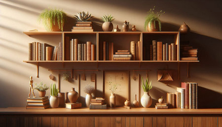 Wooden bookshelf with decorative vases and plants in room