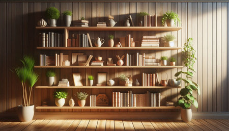 Wooden bookshelf with books and decorations. 3d renderingの写真素材