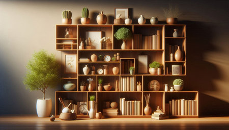 Wooden bookshelf with vases and plants. 3d renderingの写真素材