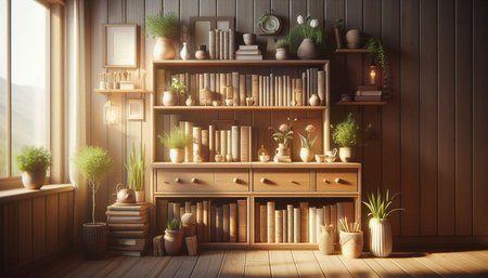 3D rendering of a cozy living room with bookshelves and plantsの写真素材