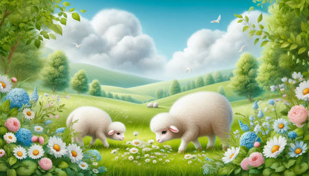 Illustration of sheeps and daisies in the meadow