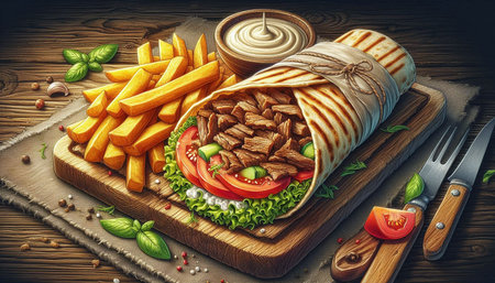 Burrito with meat, vegetables and french fries on a wooden backgroundの写真素材