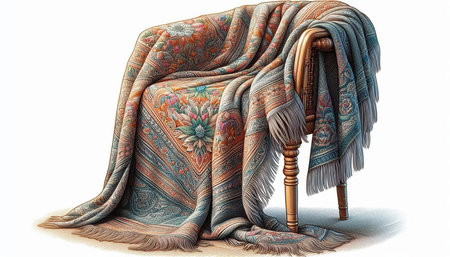 3d rendering of an old chair with a pillow and a carpet