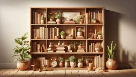 3d rendered bookshelves with plants and decorations in a room