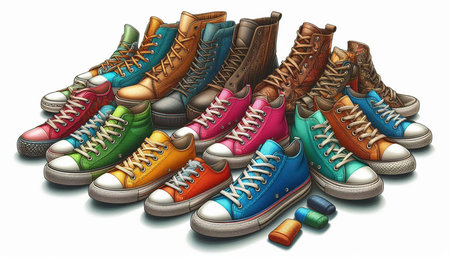 Illustration of a group of colorful sneakers on a white background.